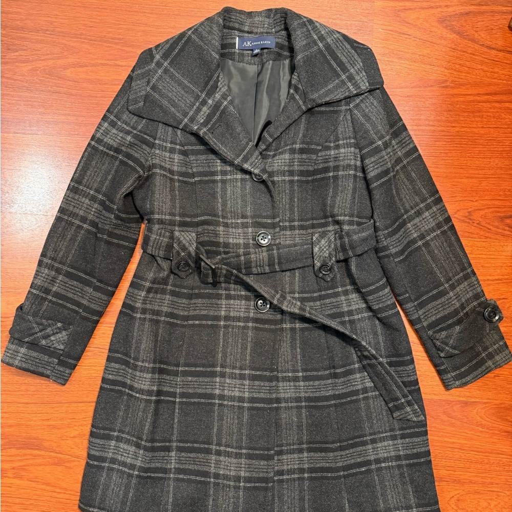 Anne Klein Women’s Charcoal & Gray Plaid Belted Wool Peacoat - L